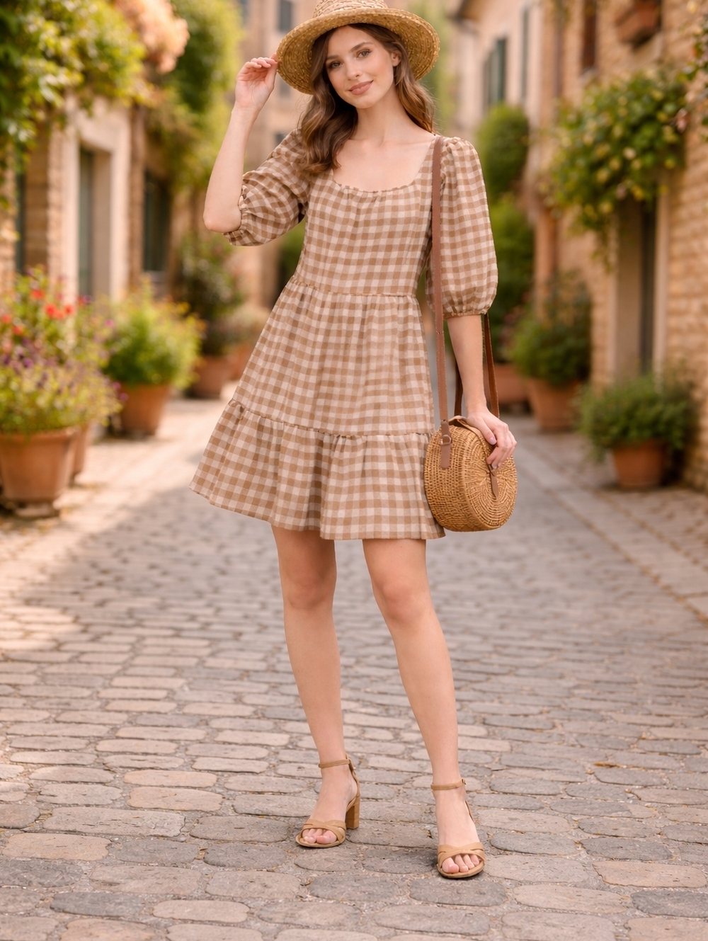 By The River Gingham Tiered Square Neck Puff Sleeve Babydoll Dress Small